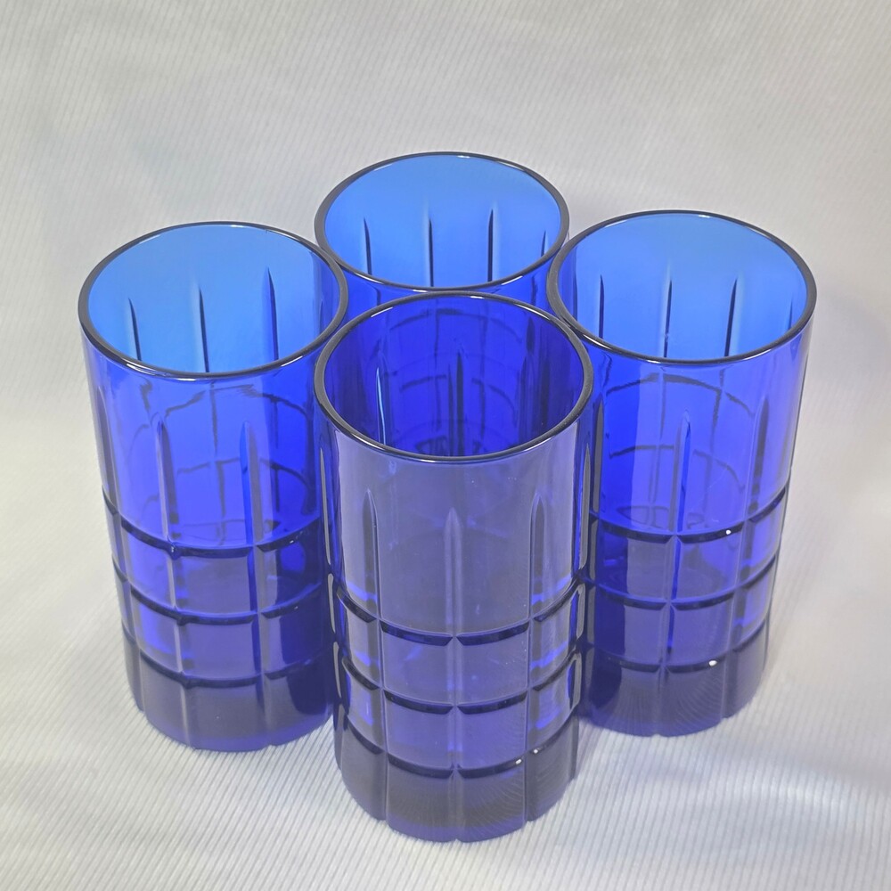 Anchor Hocking Tartan - 4 Tall Blue Glass Drinking Glasses Geometric Pattern - T